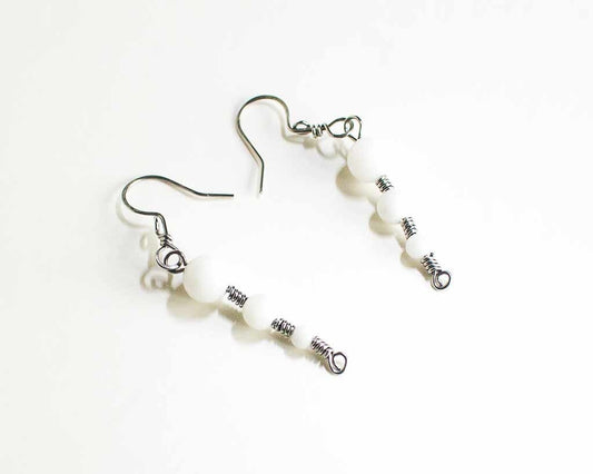Stainless Steel Earrings White Quartz Earrings Celtic Spirals Stainless Steel Quartz Beads Handmade Steel Hand Made