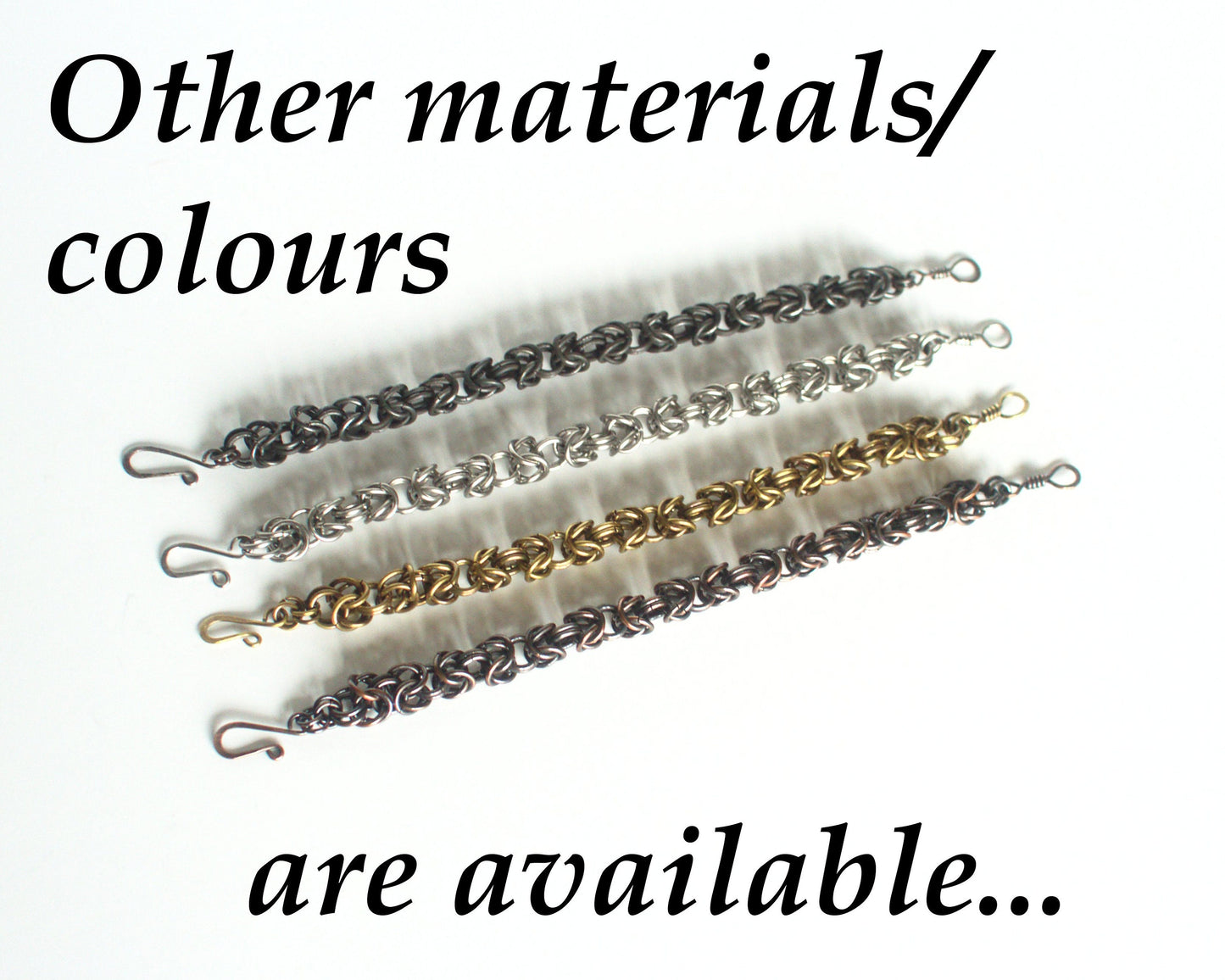Bracelets in various materials and colors on a white background with text indicating availability of other materials and colors.