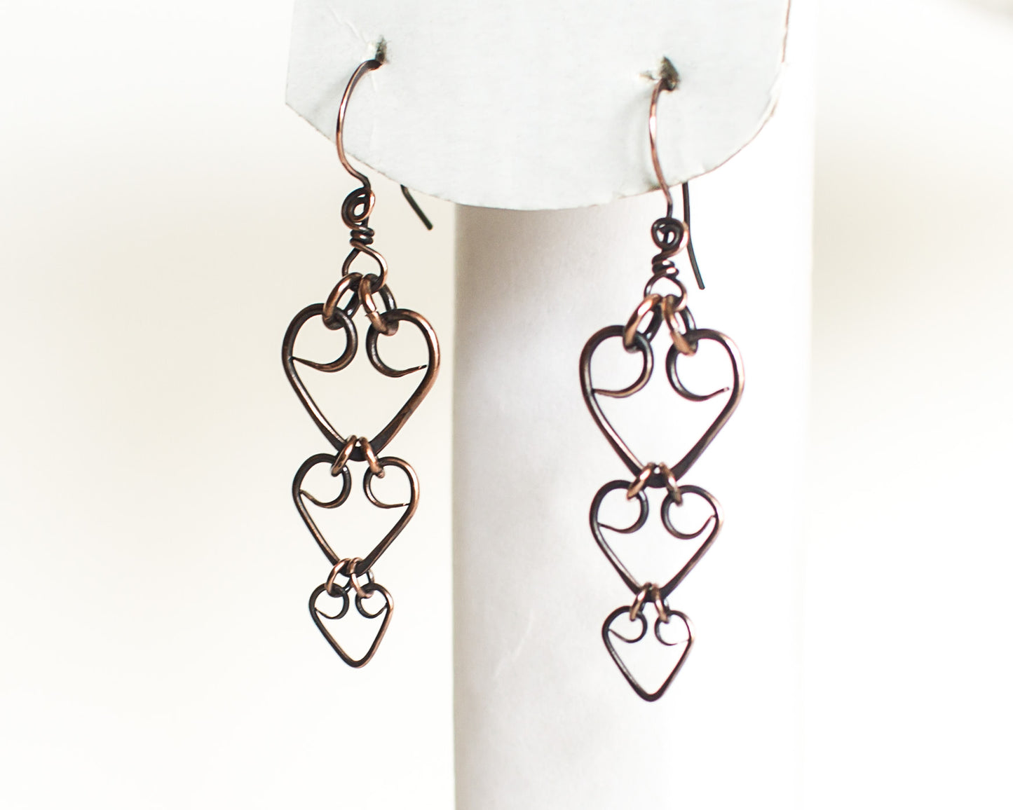 Copper Heart Earrings Triple Heart Style Dangle Earrings Copper Earrings Handmade Hand Made