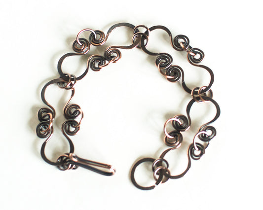 Copper Bracelet Single Hoop Chain Celtic Spirals Antiqued Patina Copper Hande Made Handmade