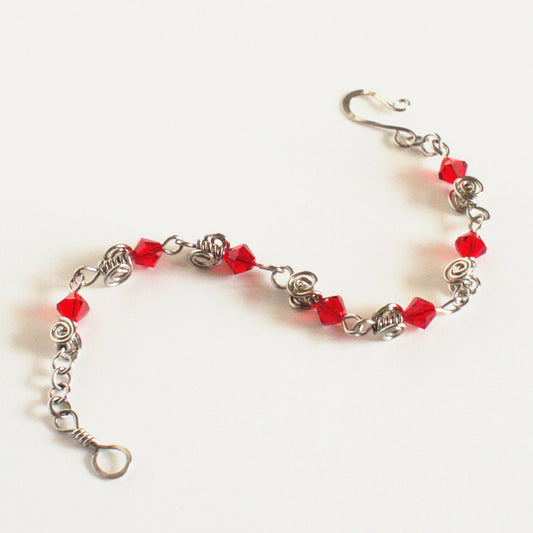 Stainless Steel Bracelet Swarovski Red Crystals Cletic Spiral Beads Handmade Hand Made