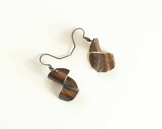 Copper Swirl Earrings Forged Copper Half Textured Dangle Earrings Handmade Hand Made