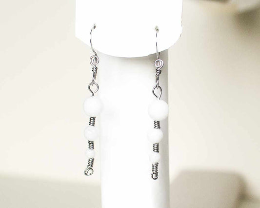 Stainless Steel Earrings White Quartz Earrings Celtic Spirals Stainless Steel Quartz Beads Handmade Steel Hand Made